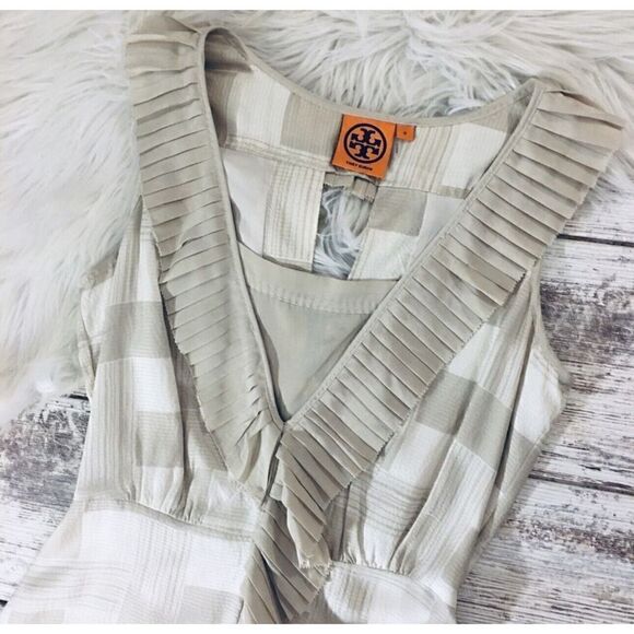 Tory Burch Janetta Ruffle Pleated Silk Tapioca Faux Wrap Dress Women's Size 0 - Picture 9 of 12